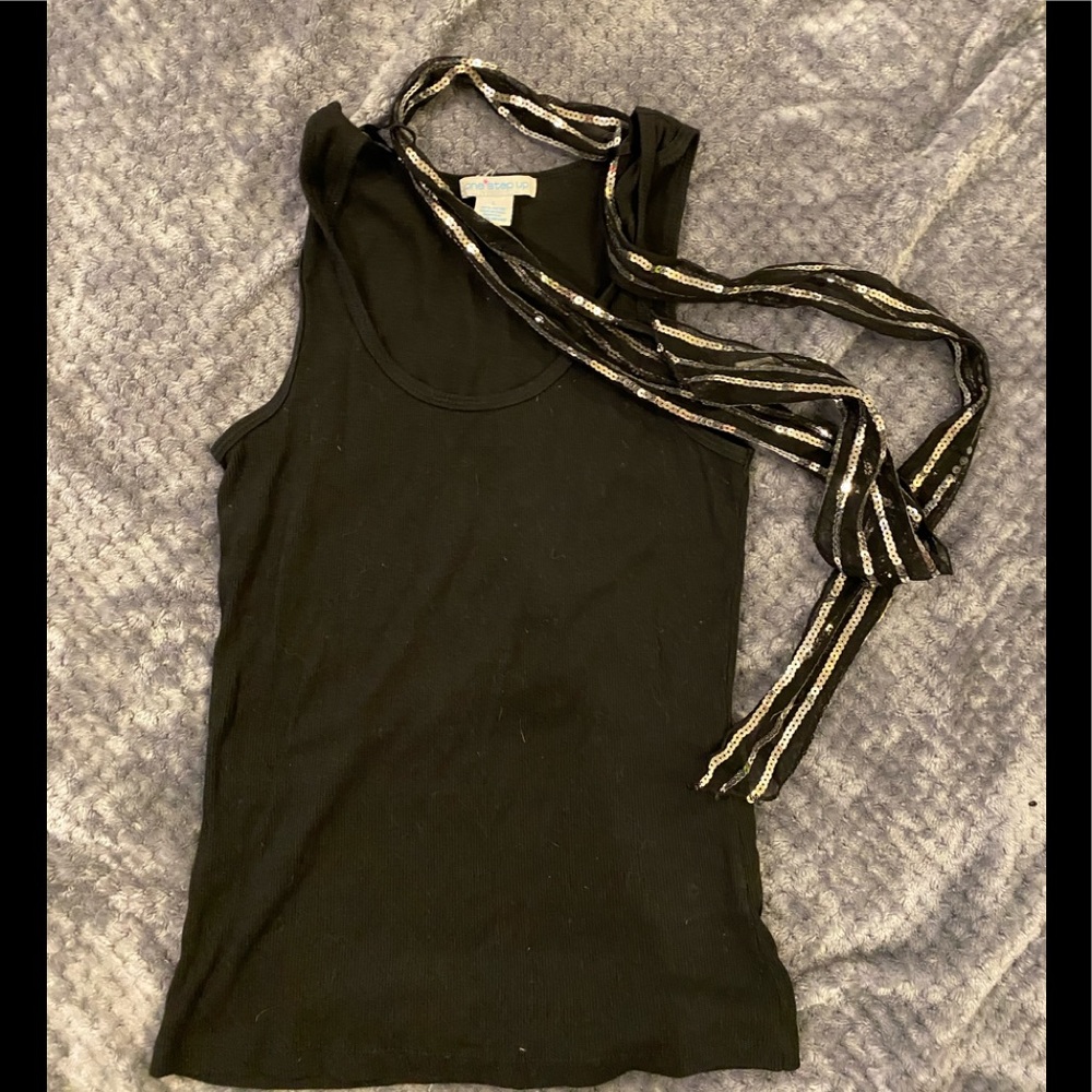 EC black ribbed tank top with attached sequin scarf